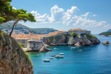 Dubrovnik picturesque nature seascape with cruise yachts. 