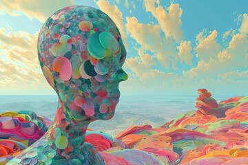 Digital generated image of abstract head made out of multicoloured circular shapes standing over multicolored landscape. 