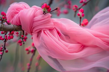 pink scarf on a crabapple tree with red buds