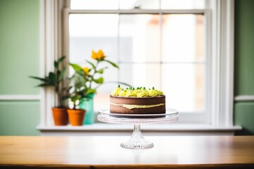 vegan chocolate cake with avocado frosting featured in window