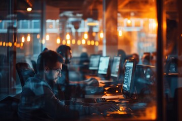 Naklejka premium Large group of computer programmers working in the office. The view is through glass.