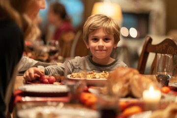 Medium shot of young boy at dining room table during multigenerational family celebration dinner 