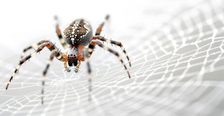 Obraz premium Colorful spider with its web on the white background. Insect life close up.