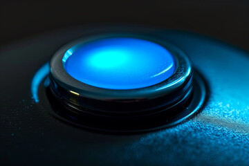 Pushed business start button over black background, blue light, symbol of new businesses