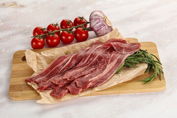 Raw beef bacon for cooking