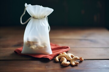 a nut milk bag full of soaked cashews for cashew milk - obrazy, fototapety, plakaty