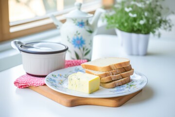 dairy free butter on a butter dish, with bread