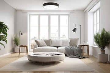 White sofa next to a round coffee table in a living room with wooden floor, huge windows, and white walls. a mockup