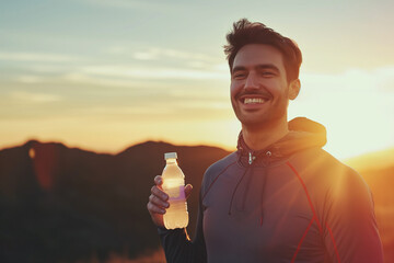 man holding water bottle and sun rising