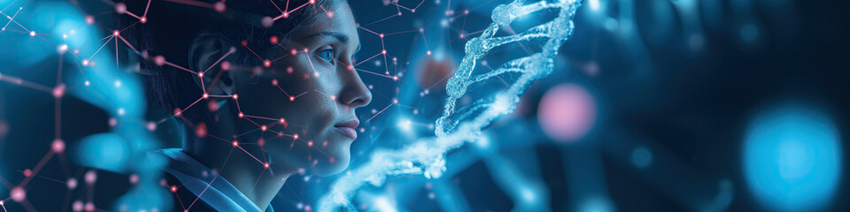 woman with digital DNA helix and data screen - digitalization of medicine - obrazy, fototapety, plakaty