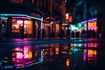 Obraz premium City nights alive with multi-colored neon lights, reflecting in puddles. Abstract, vibrant backdrop with blurred bokeh lights, capturing the essence of a lively and colorful night scene