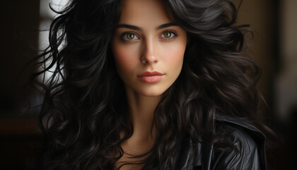 Fototapeta premium Young woman with long brown hair looking at camera generated by AI