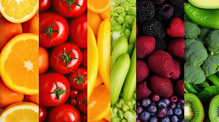 Fruits, vegetables, separating lines .Wide panorama.