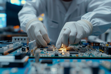 Technician setting a microchip in electronic equipment - obrazy, fototapety, plakaty