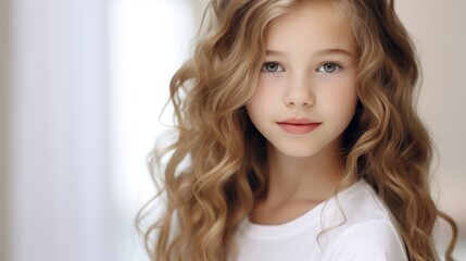 portrait of a beautiful young caucasian white American model teen girl looking forward. child ad with copy space, children, beauty, pretty