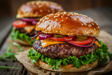 Indulge in the deliciousness of an epicurean beef burger – a classic American favorite with juicy meat, melted cheese, fresh lettuce, and savory sauce, all nestled in a sesame-seed bun.