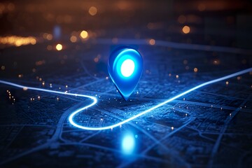 A dark blue location indicator on city map in 3D rendering. City map with a blue GPS location icon determining the exact meeting point. - obrazy, fototapety, plakaty