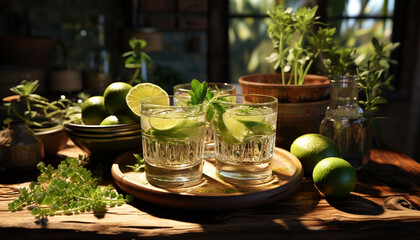 Fresh lime cocktail on wooden table, refreshing summer drink generated by AI