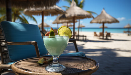 Obraz premium Summer vacations relaxation, outdoors, tropical climate, nature, coastline, travel, refreshment, palm tree generated by AI