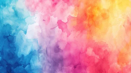 Fotobehang A vivid watercolor background blending a spectrum of colors from cool blues to warm pinks and yellows, creating a vibrant, abstract art piece. © Songyote