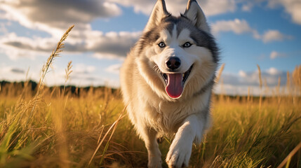 dog, Alaskan Malamute running running on a grass 