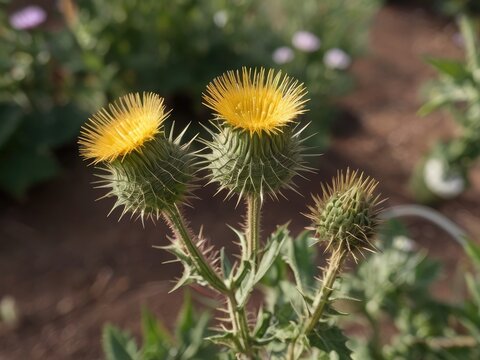 Blessed Thistle (Cnicus benedictus) growing in the garden
