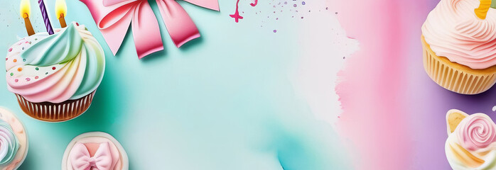 Colorful greeting card with cakes, candles, gift boxes, balloons in pastel colors. Happy birthday party concept.