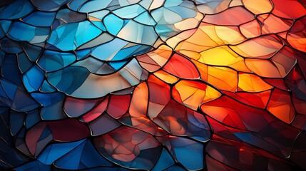 An intricately designed stained glass window with vibrant hues of red, blue, and green against a soft, diffused light background