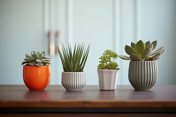 succulent plants in ceramic pots on a grey desk