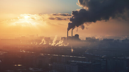 Smoke billows from industrial chimneys against the sunrise, highlighting air pollution over a cityscape..