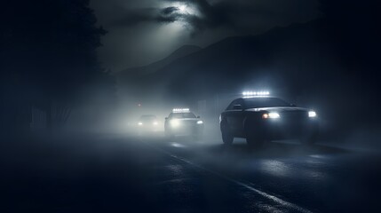 Fototapeta na wymiar Police cars driving at night chasing a car in fog 911 police car rushing to crime scene