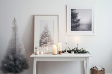 Silver framed facsimile of a photo or poster with a candle, a small ceramic Christmas tree for decoration, and a white table next to a bright wall. holiday interior of a home