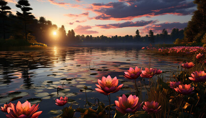 Tranquil scene with vibrant yellow flower head reflection generated by AI