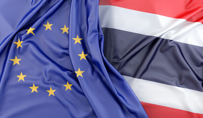 Ruffled Flags of European Union and Thailand. 3D Rendering