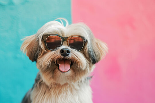dog wearing sunglasses on pastel background.