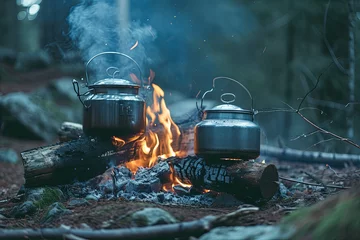 Fotobehang Two camping kettles over burning campfire © Fabio