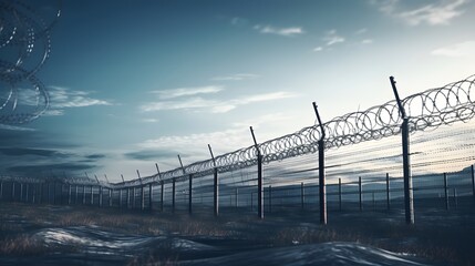 Prison security fence. Barbed wire security fence. Razor wire jail fence. Barrier border. Boundary security wall. Prison for arrest criminals or terrorists. Private area. Military zone concept.
 - obrazy, fototapety, plakaty