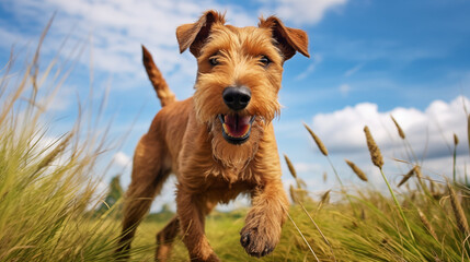 dog, Irish Terrier running on a grass 