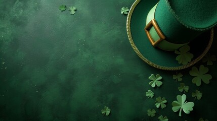 Leprechaun Hat and Clover Leaves on a Dark Green Background with Space for Text