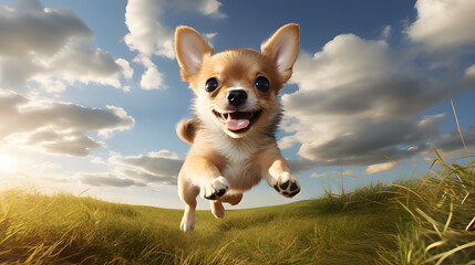 A happy puppy running through a field after a blue puppy - Animals, pets