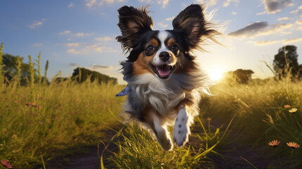 dog, Papillon running on a grass