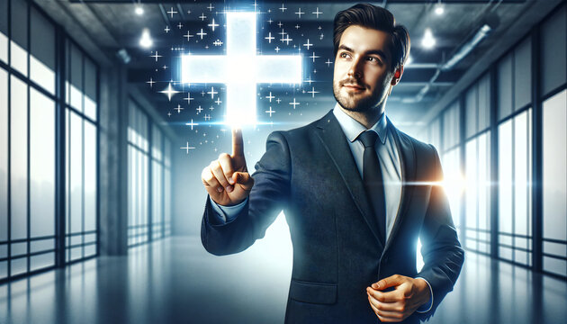 Businessman showing a virtual plus sign, symbolizing a positive mindset and the concept of adding more benefits, Created by using generative AI tools	
