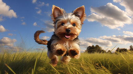 dog, Yorkshire Terrier running on a grass