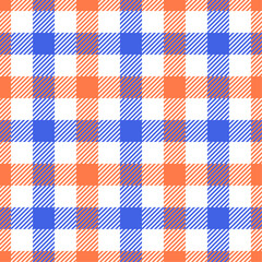Orange and blue color gingham check plaid seamless pattern, vichy pattern, checkered background for textile design, napkin, blanket, wrapping paper, cover, tablecloth, scarf. Vector illustration.