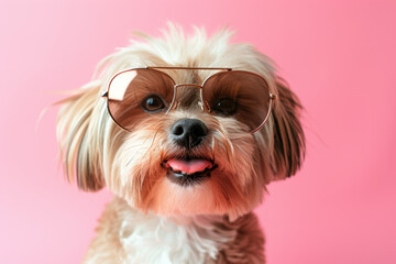 Obraz premium dog wearing sunglasses on pastel background.