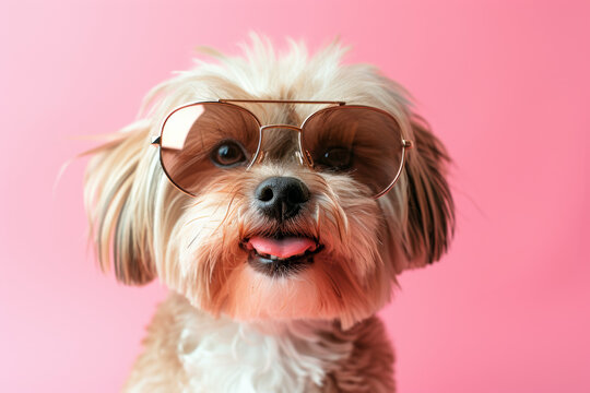 dog wearing sunglasses on pastel background.