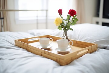bamboo tray with coffee and roses on white bed linen