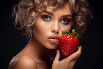 Beautiful Model Holding a Strawberry Next to Her Mouth A seductive fruit