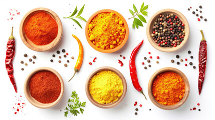 Various colorful spices and herbs are arranged in a neat row on a white background.	
