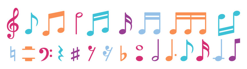 Color Set of all music notes symbols, flat design vector illustration